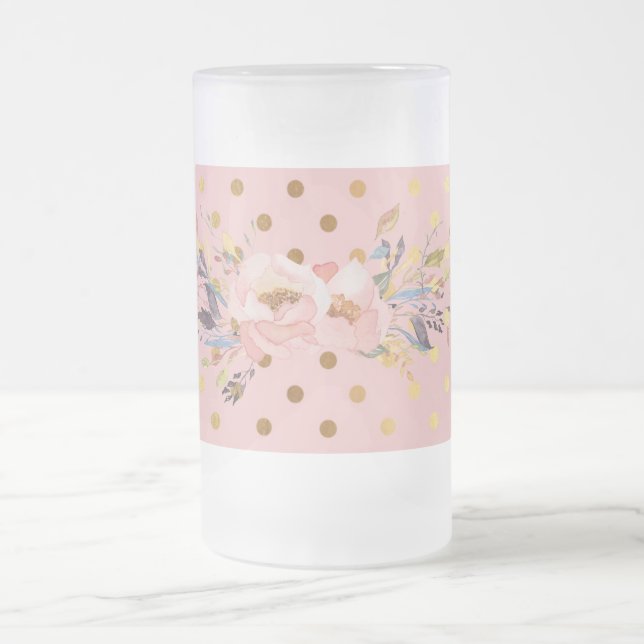 Adorable  Faux Gold Polka Dots Flowers Frosted Glass Beer Mug (Center)