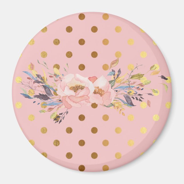Adorable  Faux Gold Polka Dots Flowers Magnet (Front)