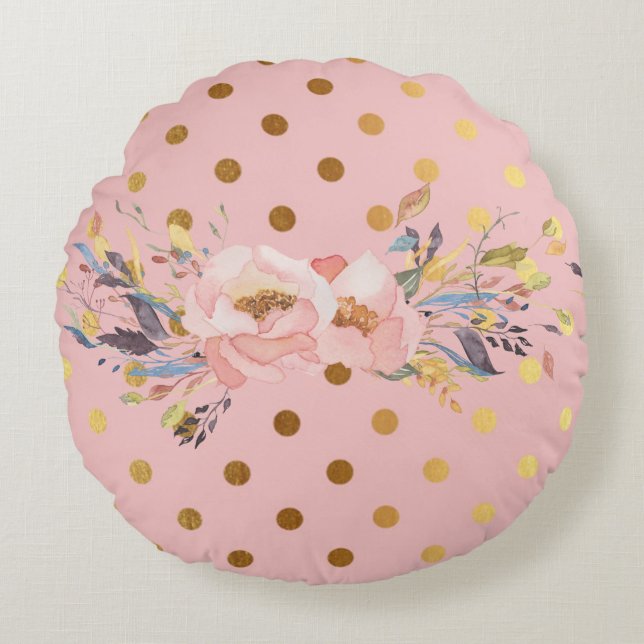 Adorable  Faux Gold Polka Dots Flowers Round Cushion (Front)