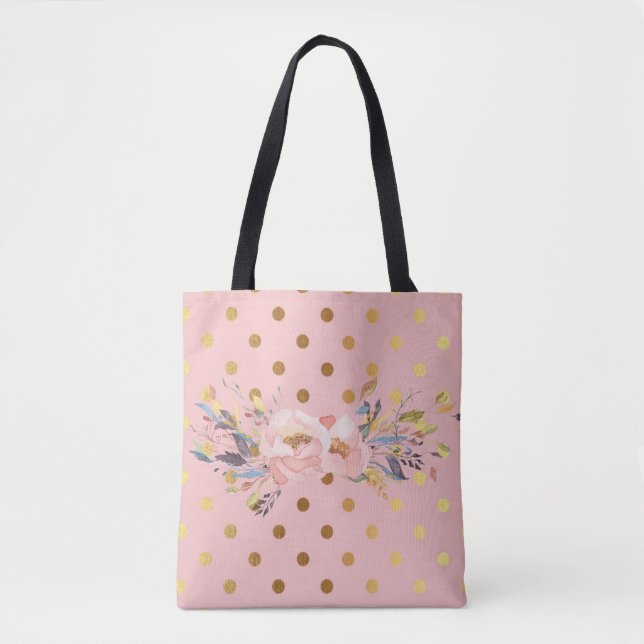 Adorable  Faux Gold Polka Dots Flowers Tote Bag (Front)
