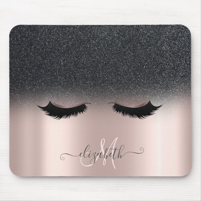 Adorable Faux Lashes Black Glitter Ombre Rose Gold Mouse Mat (Front)