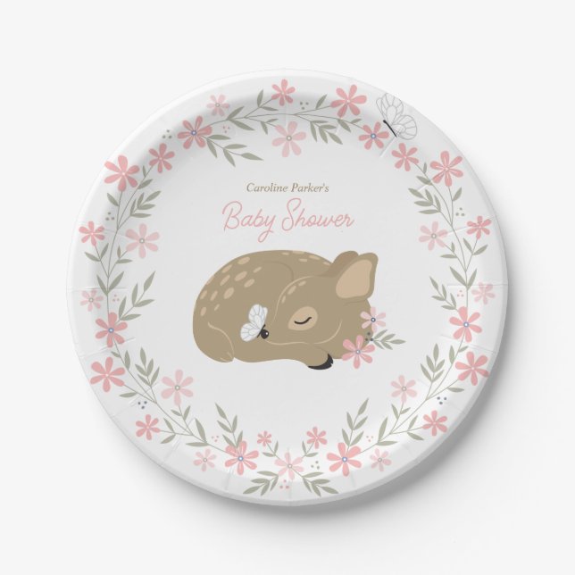 Adorable Fawn Baby Shower Classic Round Sticker Paper Plate (Front)