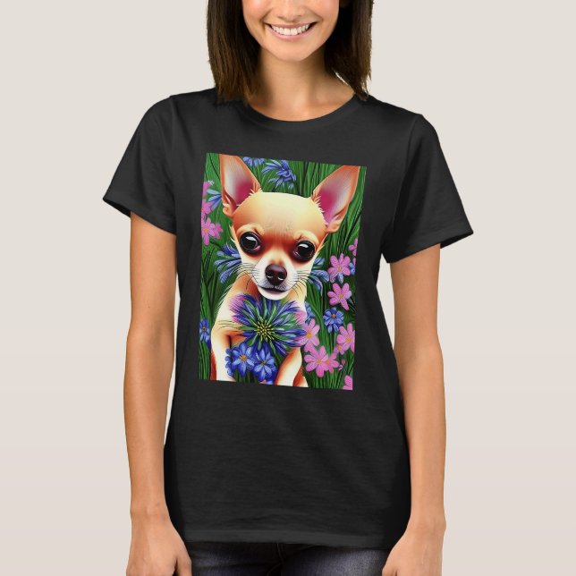 Adorable Fawn Chihuahua Playing in Flowers T-Shirt (Front)