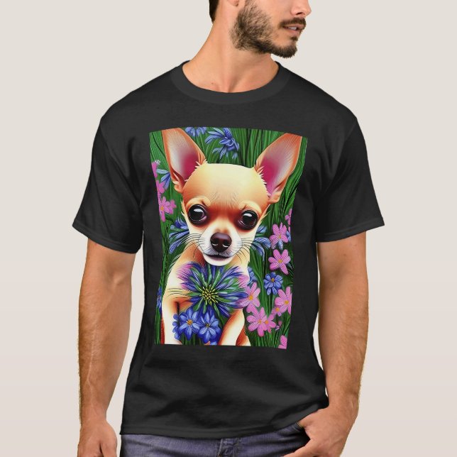 Adorable Fawn Chihuahua Playing in Flowers T-Shirt (Front)