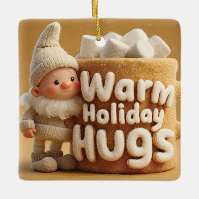 Adorable Felt Gnome with Marshmallow Mug  Ceramic Ornament (Front)