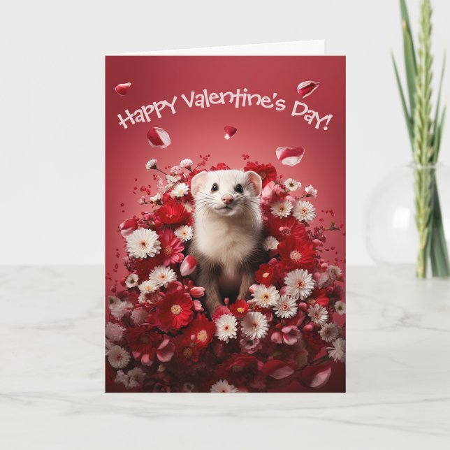 Adorable Ferret in Flowers Valentine's Day Holiday Card (Front)