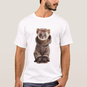 Adorable Ferret Wearing a Brown Hoodie T-Shirt