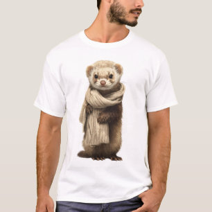 Adorable Ferret Wearing Knitted Scarf Illustration T-Shirt