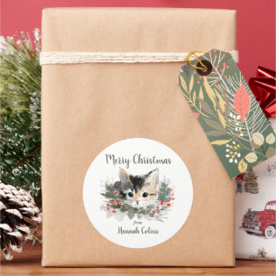 Adorable Festive Calico Cat Merry Christmas Gift Classic Round Sticker