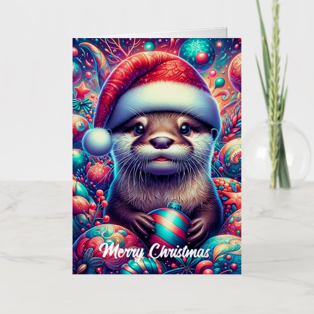 Adorable Festive Christmas Otter Foil Greeting Card (Front)