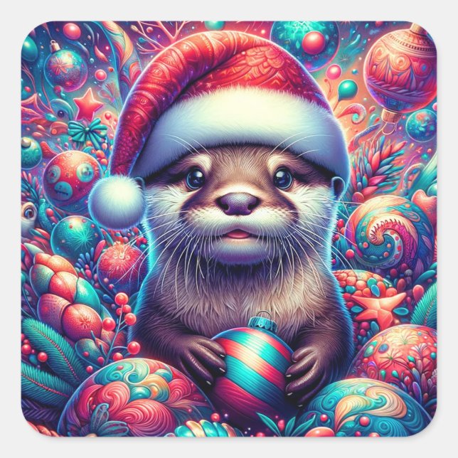 Adorable Festive Christmas Otter Square Sticker (Front)