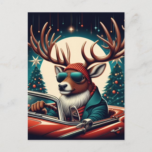 Adorable Festive Reindeer Drives Classic Car Postcard (Front)
