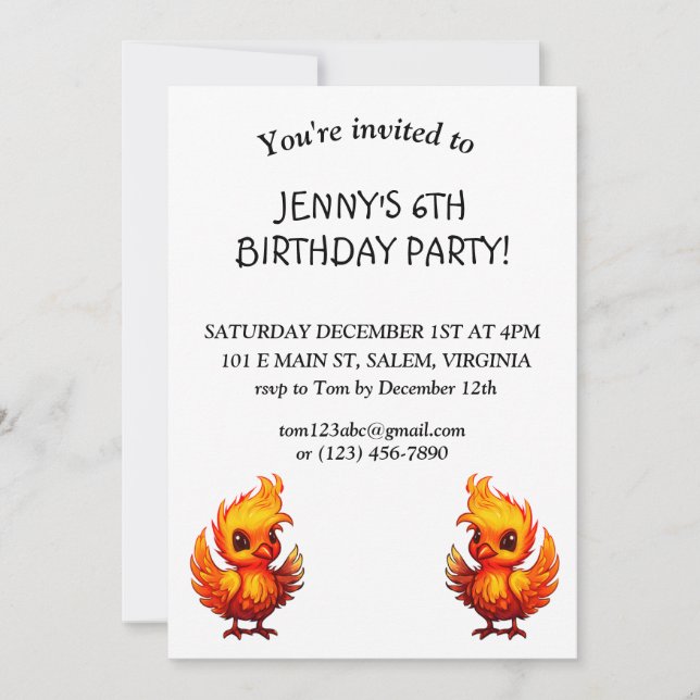 Adorable Fiery Cartoon Baby Phoenix Birthday Invitation (Front)