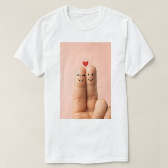 Adorable Finger Couple Art, Cute Finger Faces T-Shirt (Design Front)