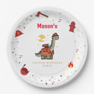 Adorable Firefighter Dino birthday Paper Plate