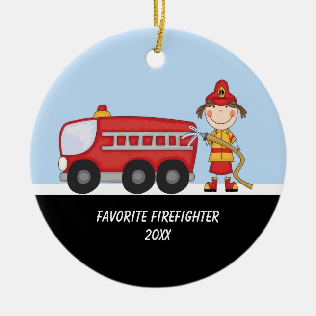 Adorable Firefighter with Fire Truck Ornament (Front)
