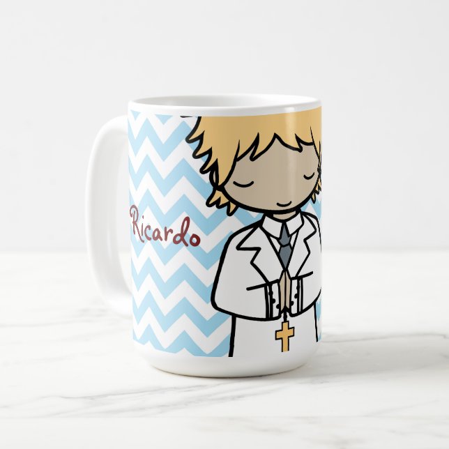 Adorable First Holy Communion blonde boy Coffee Mug (Front Left)