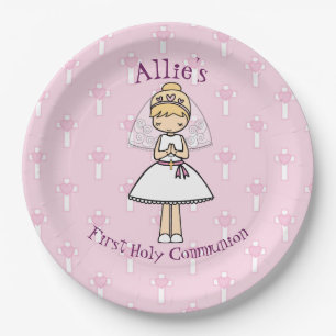 Adorable First Holy Communion blonde girl name Paper Plate