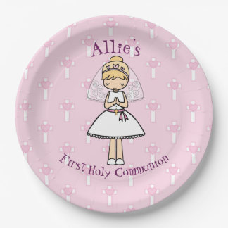Adorable First Holy Communion blonde girl name Paper Plate