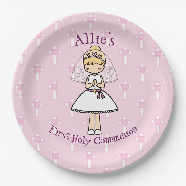 Adorable First Holy Communion blonde girl name Paper Plate (Front)