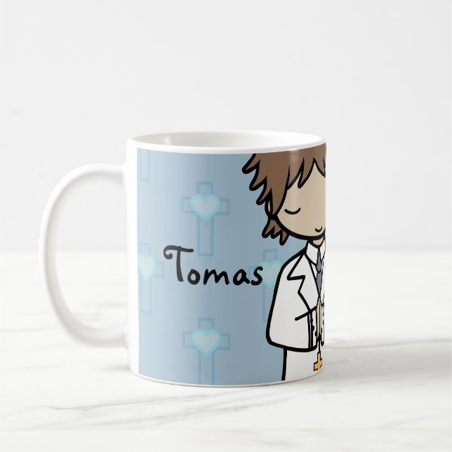 Adorable First Holy Communion boy blue name Coffee Mug (Left)