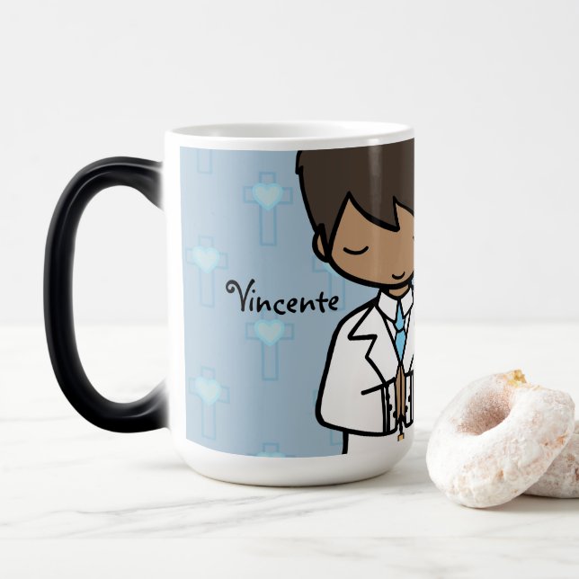 Adorable First Holy Communion boy blue name Magic Mug (With Donut)