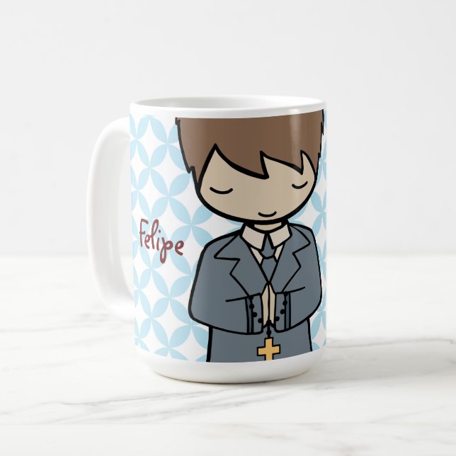 Adorable First Holy Communion brown hair boy Coffee Mug (Front Left)