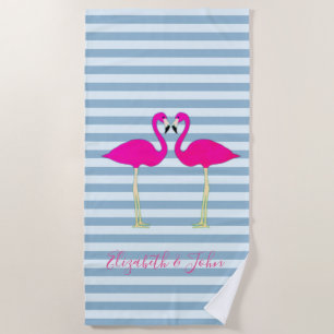 Adorable Flamingos in Love On Stripes-Personalised Beach Towel