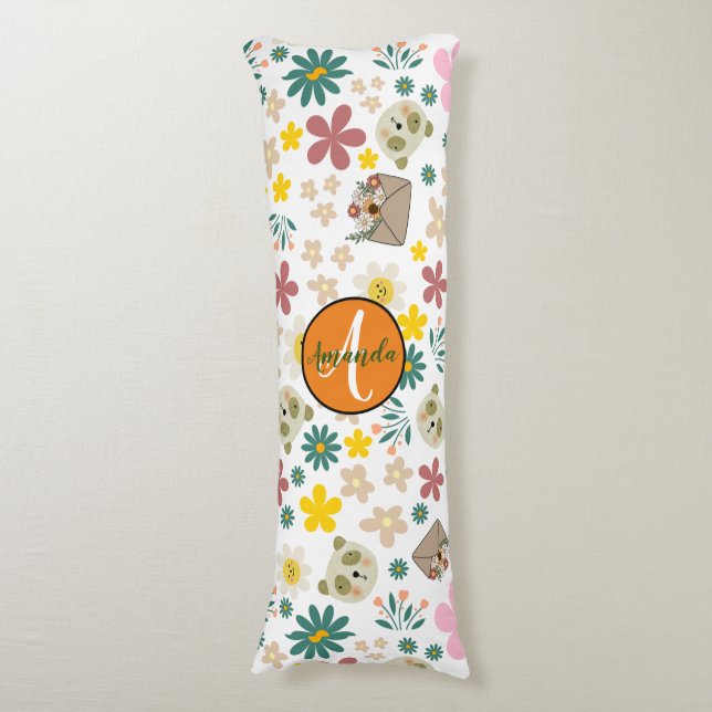 Adorable floral and animal monogram initial script body cushion (Front Vertical)