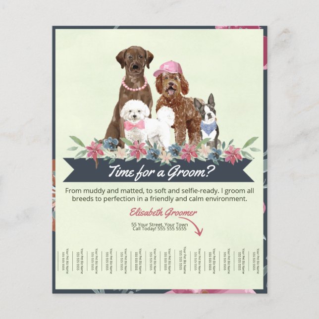 Adorable Floral and Green Dog Groomer Tear Sheet  (Front)