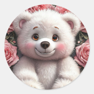 Adorable Floral Bear Design – Sweet Gift, Romantic Classic Round Sticker