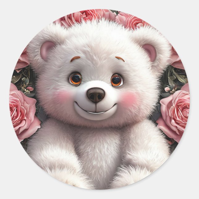 Adorable Floral Bear Design – Sweet Gift, Romantic Classic Round Sticker (Front)