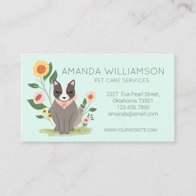 Adorable Floral Cat Pet Care Services Green Business Card (Front)