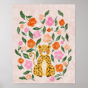 Adorable Floral Cheetah: Charming Watercolor  Poster