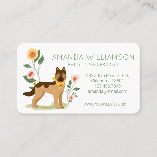 Adorable Floral German Shepard Pet Care Services Business Card (Front)