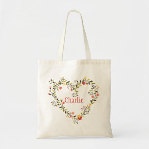 Adorable Floral Heart Wreath with Name Tote Bag