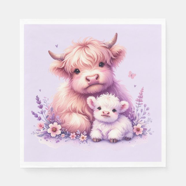 Adorable Floral Highland Cow Baby Shower Napkin (Front)