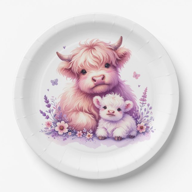 Adorable Floral Highland Cow Baby Shower Paper Plate (Front)