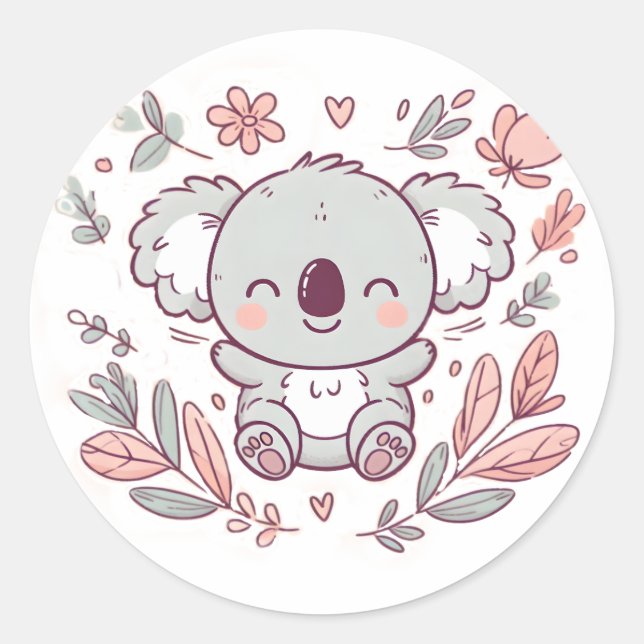 Adorable Floral Koala Design for Animal Lovers Classic Round Sticker (Front)
