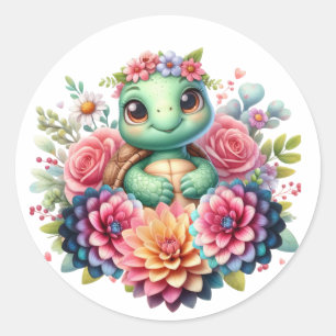 Adorable Floral Sea Turtle Classic Round Sticker
