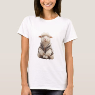 Adorable Fluffy Baby Lamb in a Knit Cardigan T-Shirt