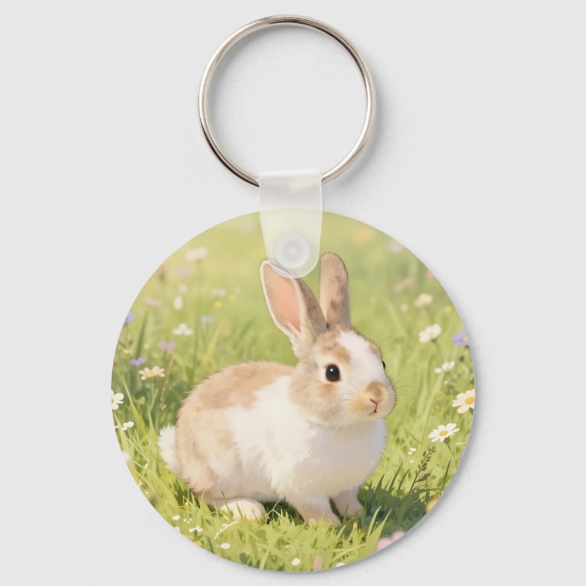 Adorable Fluffy Bunny Wildflower Meadow Key Ring (Front)