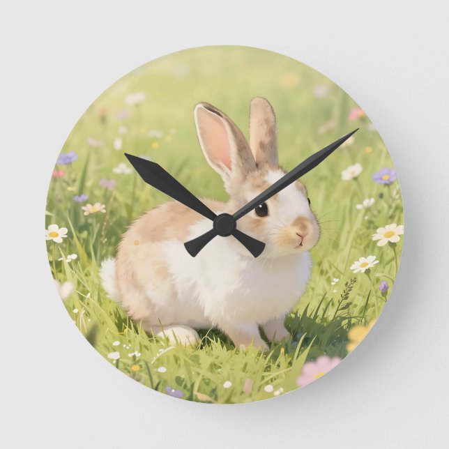 Adorable Fluffy Bunny Wildflower Meadow Round Clock (Front)