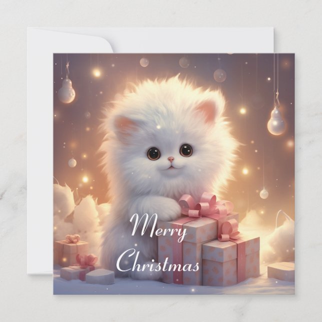 Adorable Fluffy Cat Christmas Card (Front)