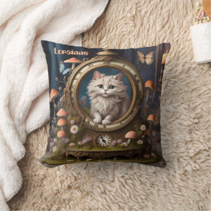 Adorable fluffy cat in clock, mushrooms, editable cushion