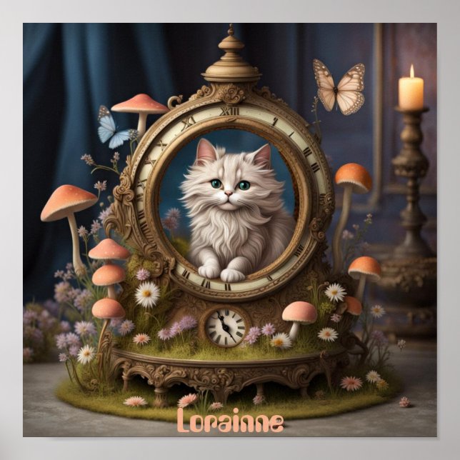 Adorable fluffy cat in clock, mushrooms, editable poster (Front)