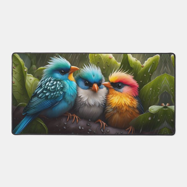Adorable Fluffy Colourful Birds in the rain  Desk Mat (Front)