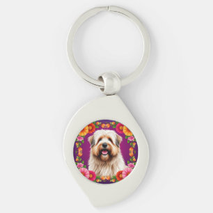 Adorable Fluffy Dog with Flowers Key Ring
