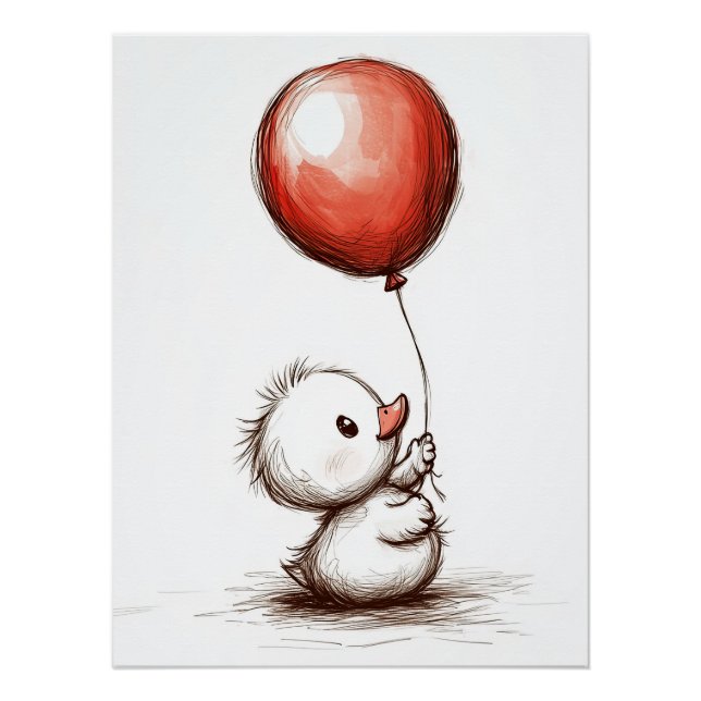 Adorable Fluffy Duckling with Red Balloon Poster (Front)