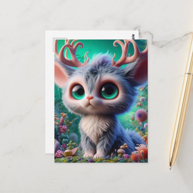 Adorable Fluffy Jackalope Creature Postcard (Front/Back In Situ)